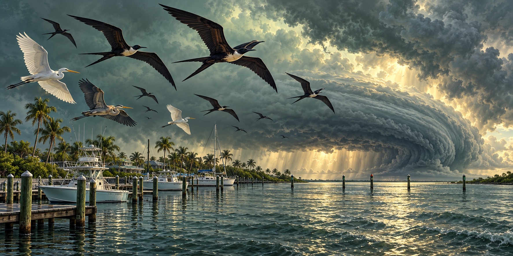 Frigatebirds, egrets and a heron fly over a coastal marina beneath a large storm front.