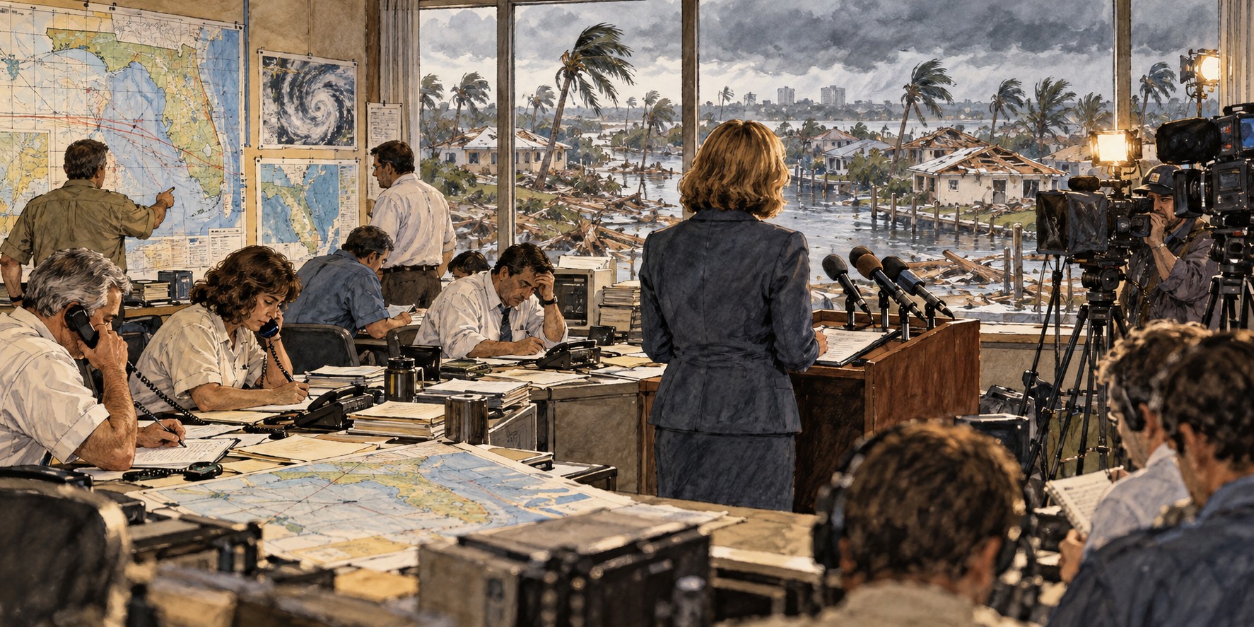 A county emergency operations room with maps, telephones and a woman at a podium facing television cameras.