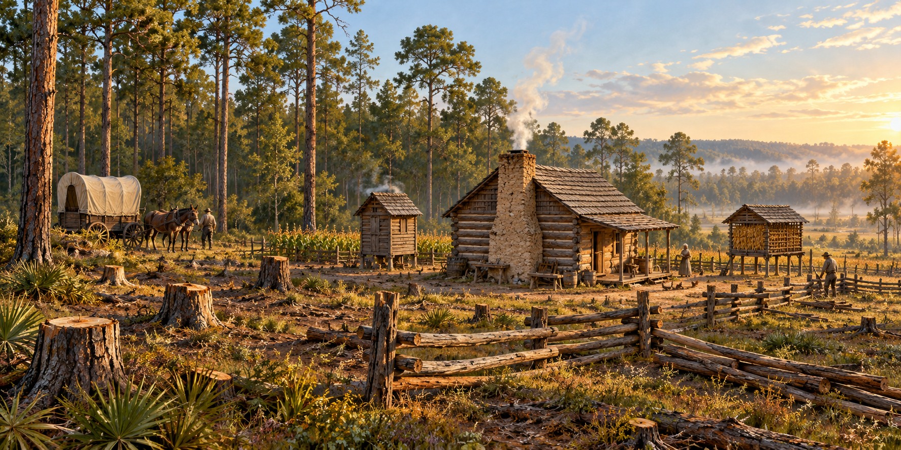 A young pioneer homestead in a pine clearing: a new log cabin, a small smokehouse, a split-rail fence and a covered wagon at the edge of the trees.