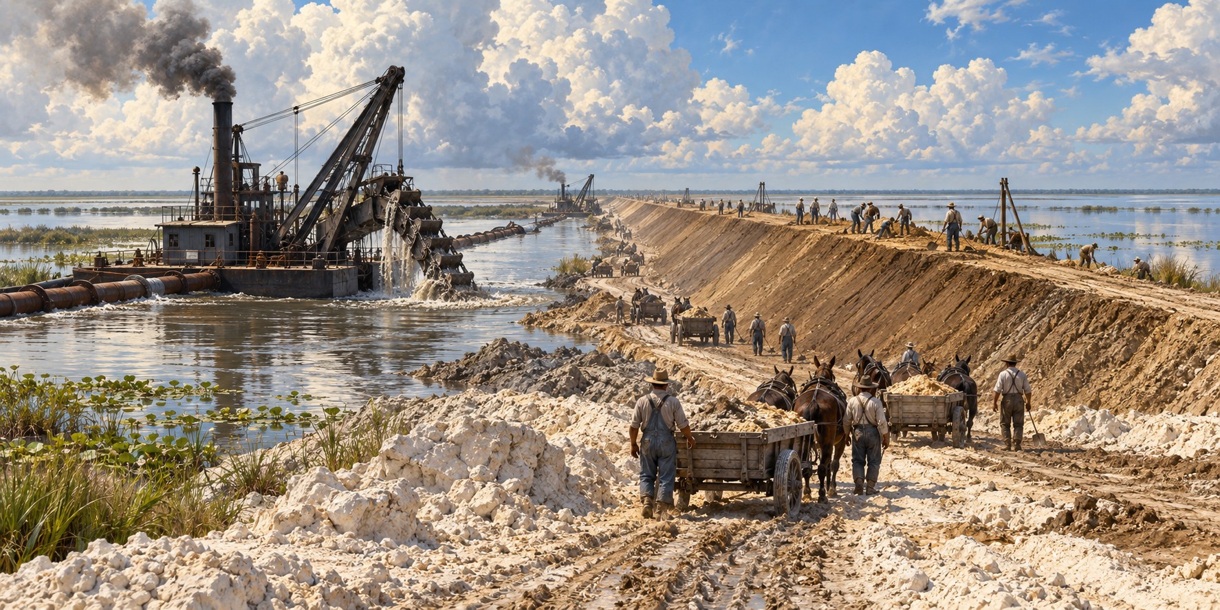A steam dredge and crews of workers building a long earthen levee beside Lake Okeechobee in the 1930s.