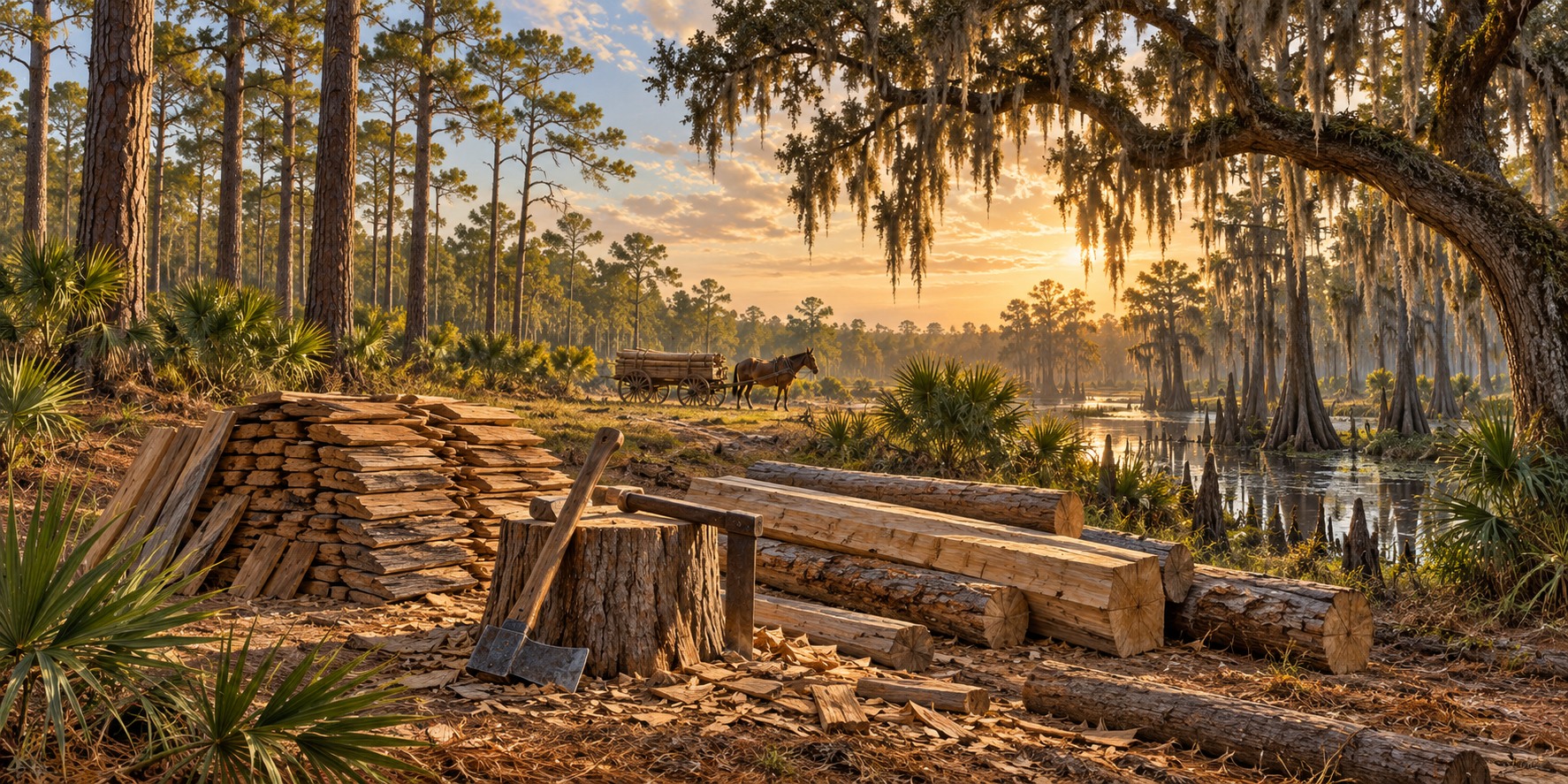 A pioneer clearing at the edge of a pine flatwoods and cypress swamp, with live oaks draped in Spanish moss, cabbage palms, a stack of split shingles and a broadaxe.