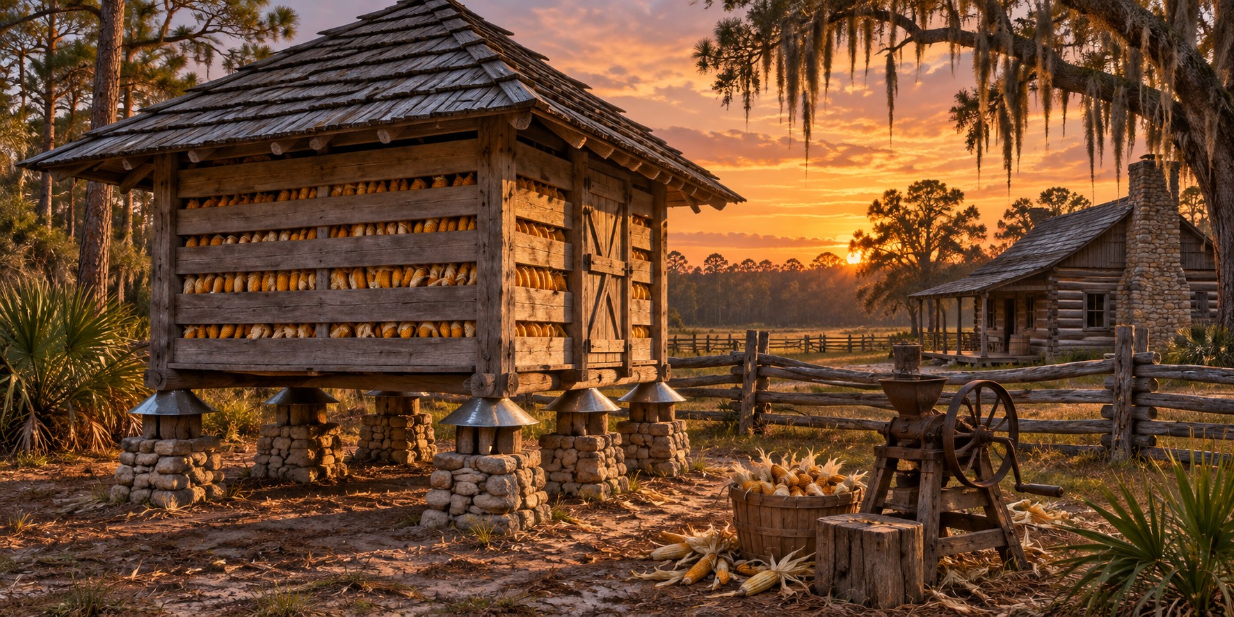A small weathered corn crib on corner posts with spaced-board walls and a wide roof, ears of corn visible between the boards, in a Florida farmyard at dusk.