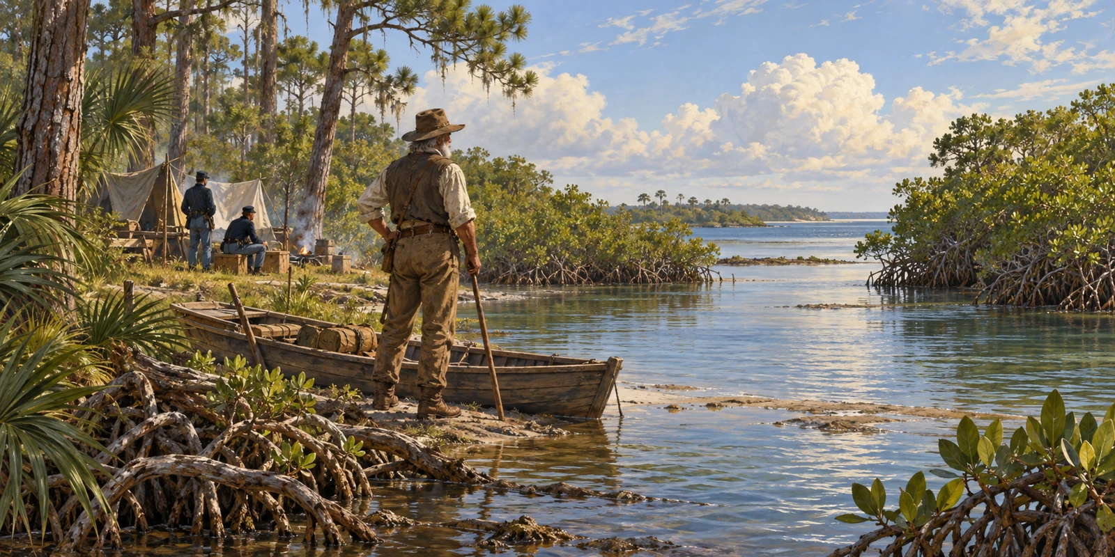 An anonymous older frontier scout looks across a Charlotte Harbor channel beside a wooden boat and Union camp.