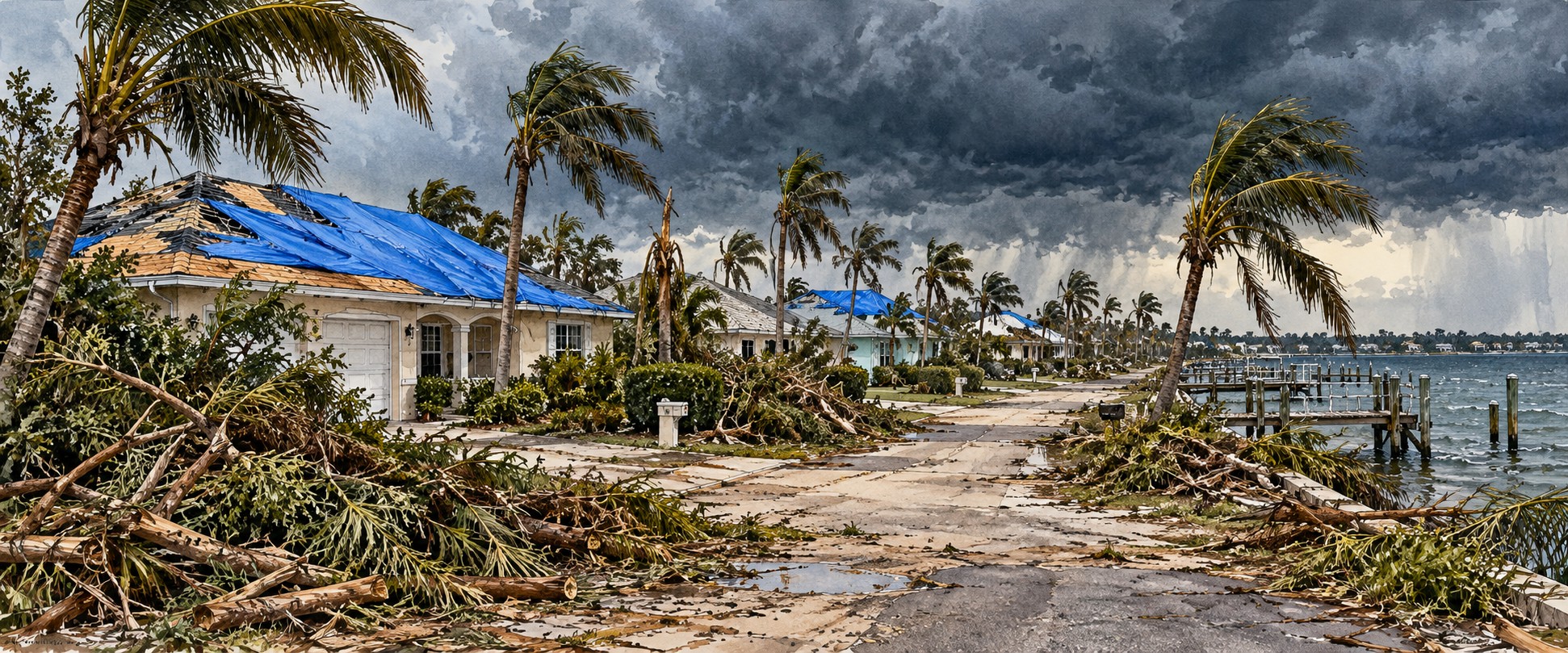 Illustration of blue tarps on damaged Treasure Coast roofs