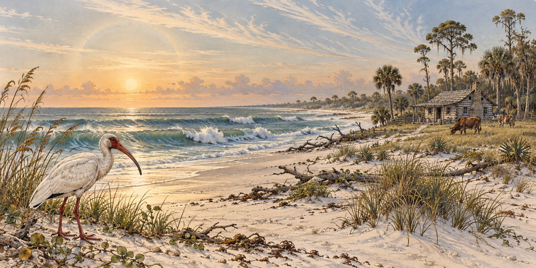 A white ibis standing on a Florida shore as long ocean swells roll in beneath a pale, clear sky, with a small pioneer cabin behind the dunes.