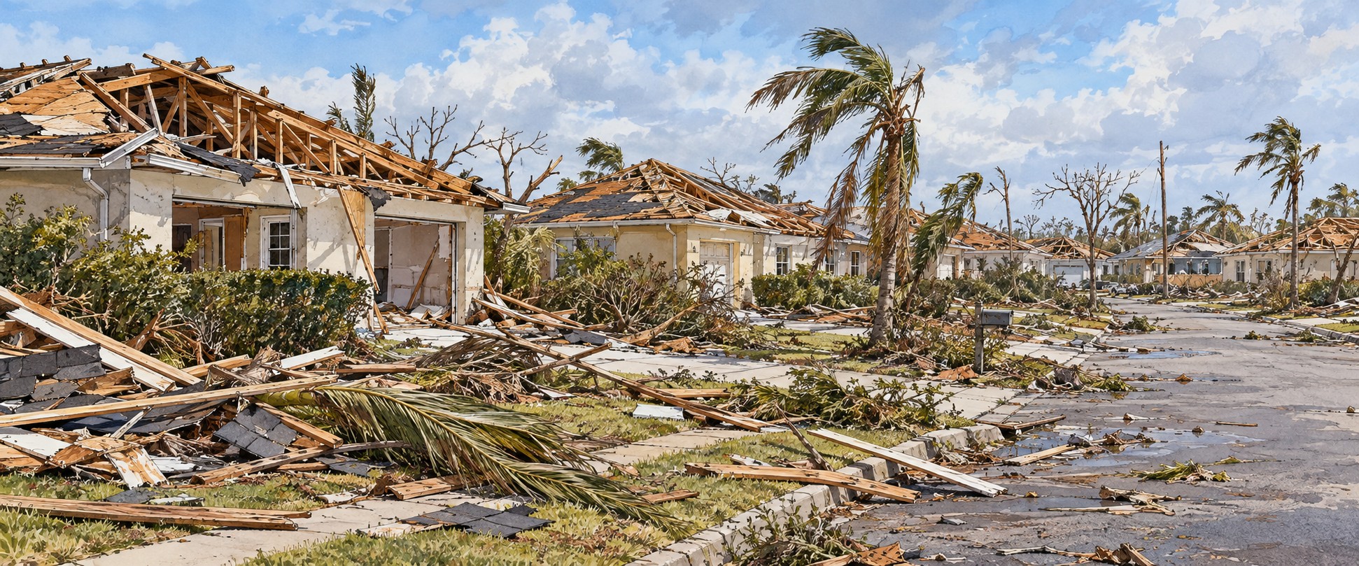 Illustration of torn roofs in Homestead after Andrew