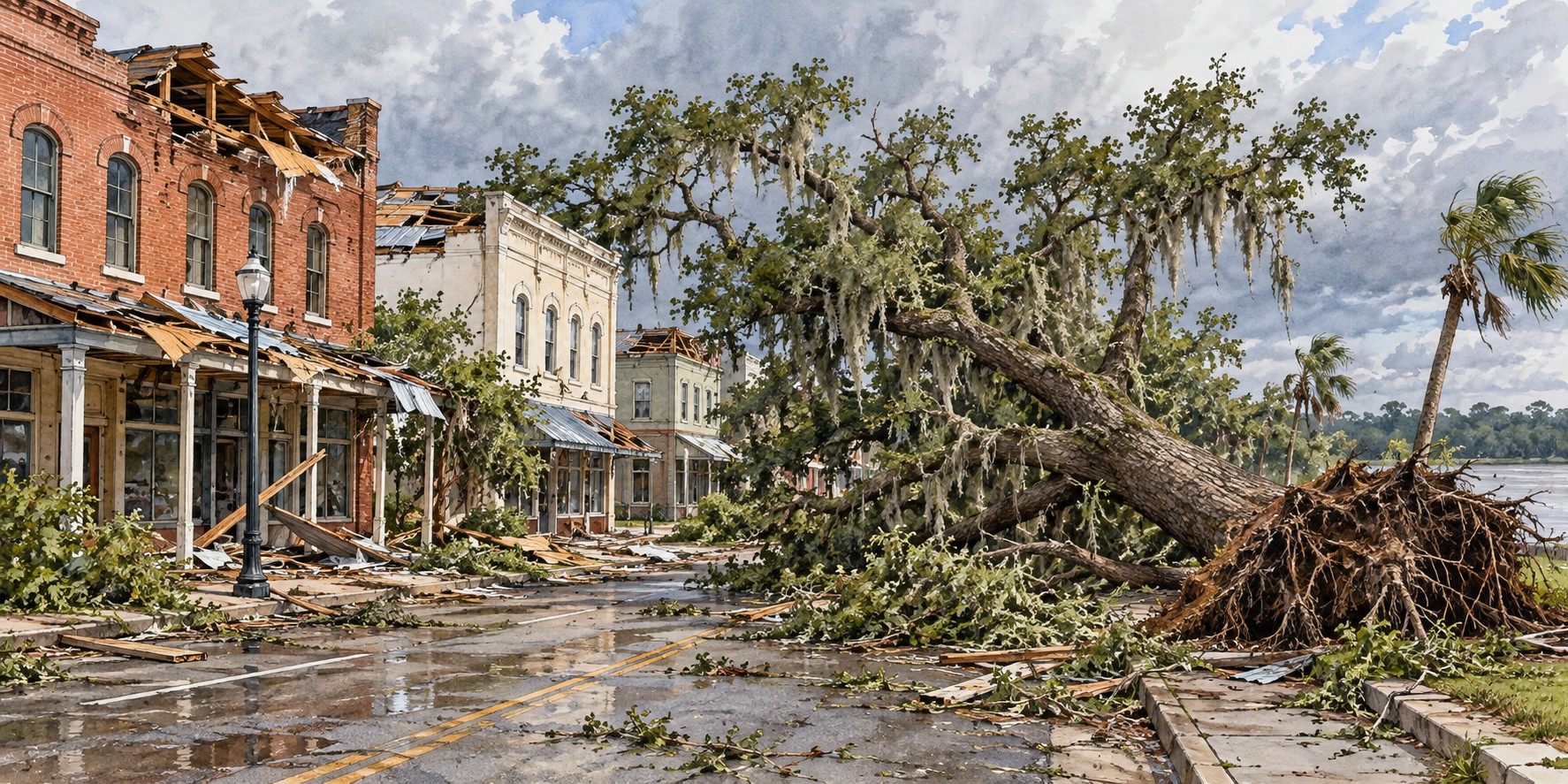 Illustration of a fallen live oak and damaged downtown buildings