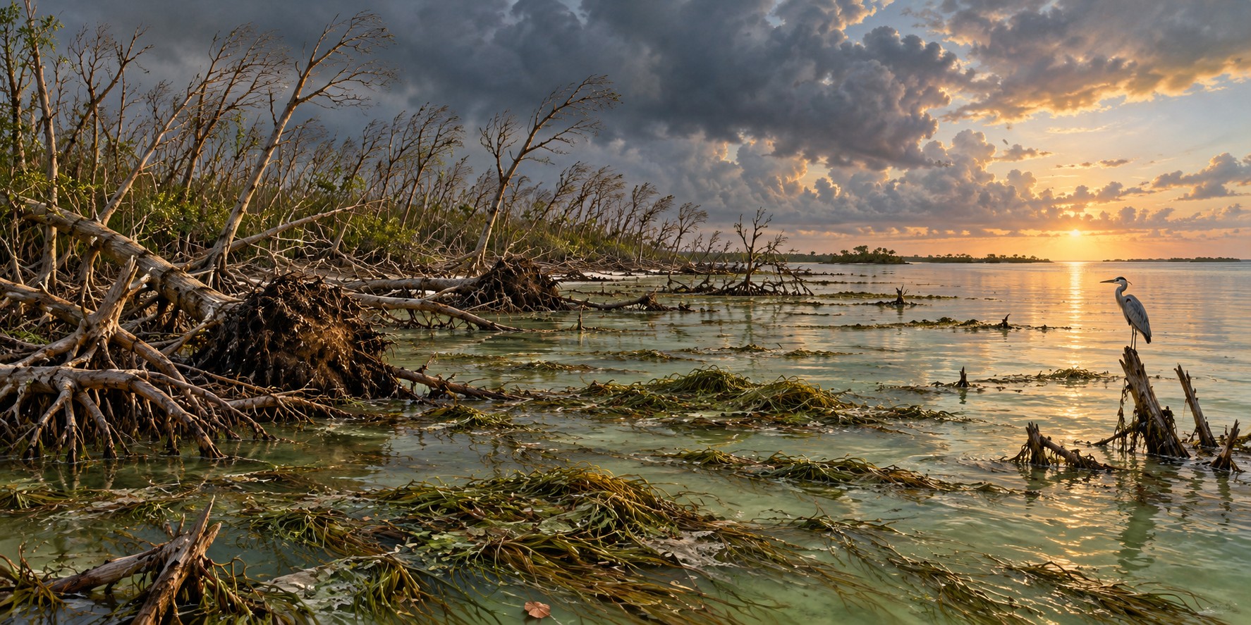 A mangrove shoreline with bare, broken canopy and floating seagrass mats in a shallow bay under a clearing storm sky.