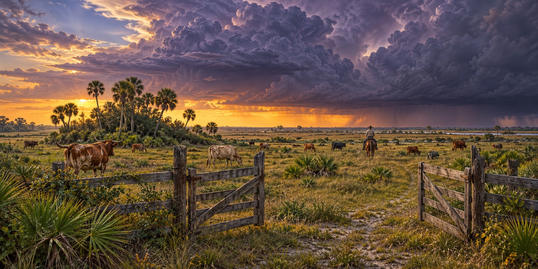 Cattle on a flat Florida prairie beneath towering storm clouds, with an open wooden gate and a distant rider.