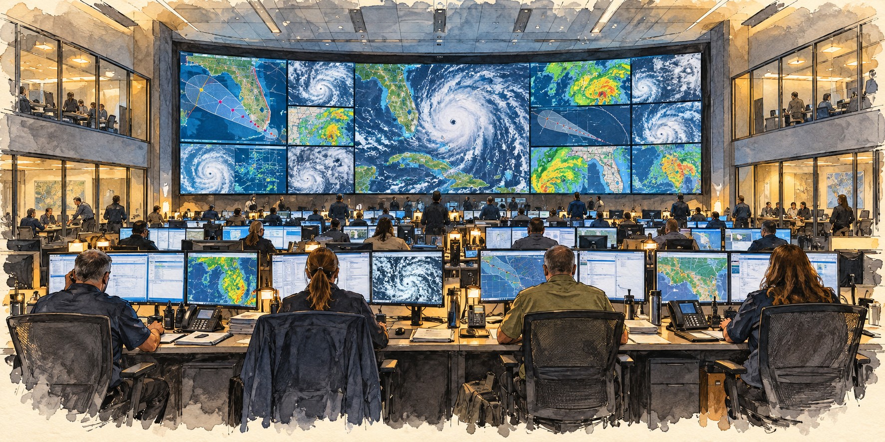 A large operations room with a wall of screens showing a hurricane map and rows of agency workstations.