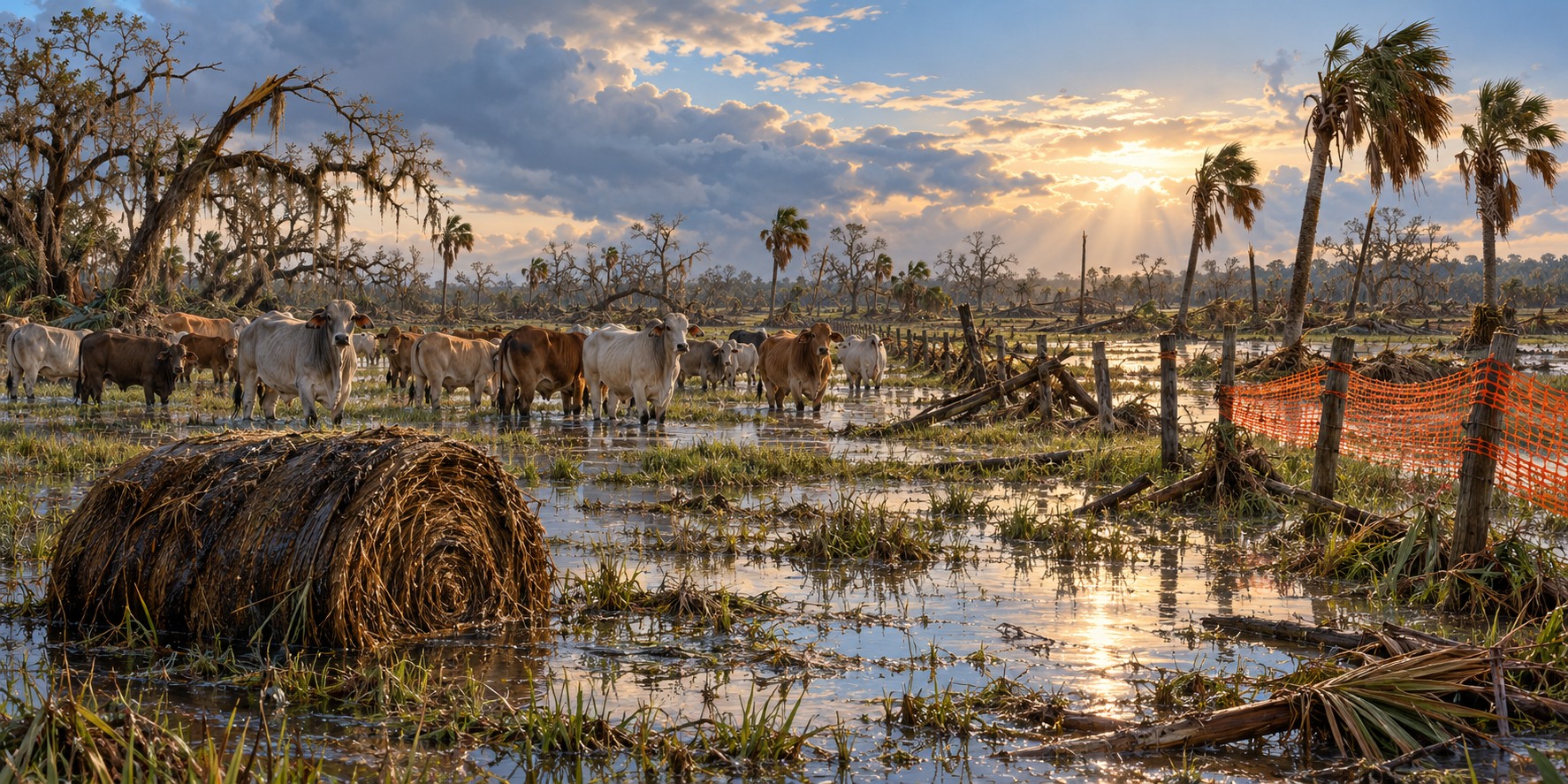 Cattle standing in a flooded Florida pasture beside a fence line with sagging wire and a temporary orange mesh section, palmettos and cabbage palms under a clearing sky.