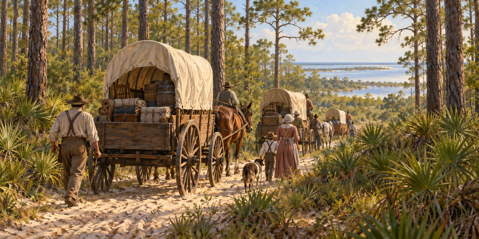 Pioneer families travel with household wagons along a sandy path through Florida pine and palmetto country.