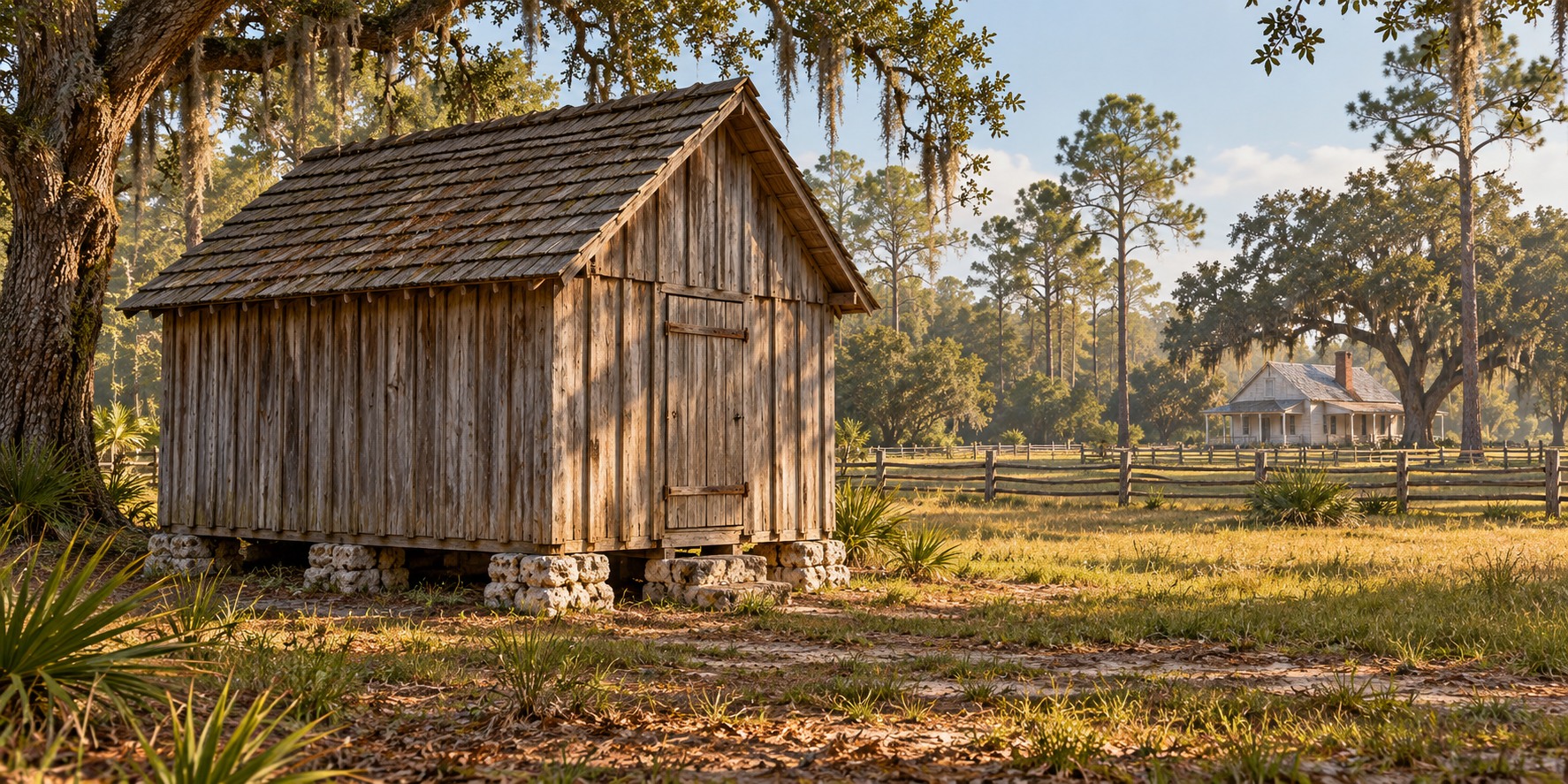A small board-and-batten smokehouse with a shingle roof and closed door stands apart from a farmhouse among trees.
