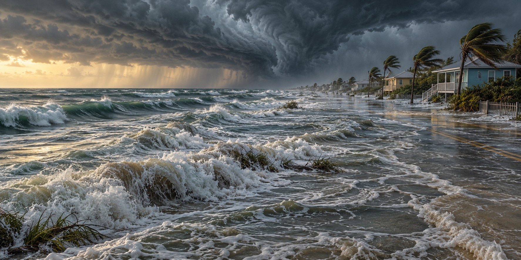 A dark hurricane front over a low Florida shoreline as seawater rises over beach, dunes and the first rows of coastal houses.