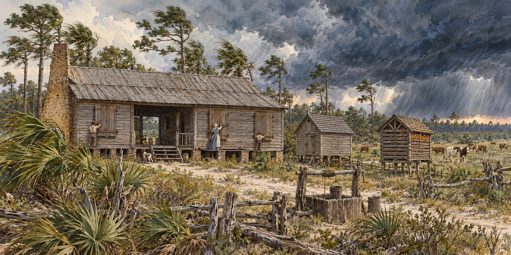 A raised pioneer dogtrot cabin with shutters closed, a mud-and-clay chimney, a smokehouse and corn crib, and cattle in open scrub as a storm gathers.