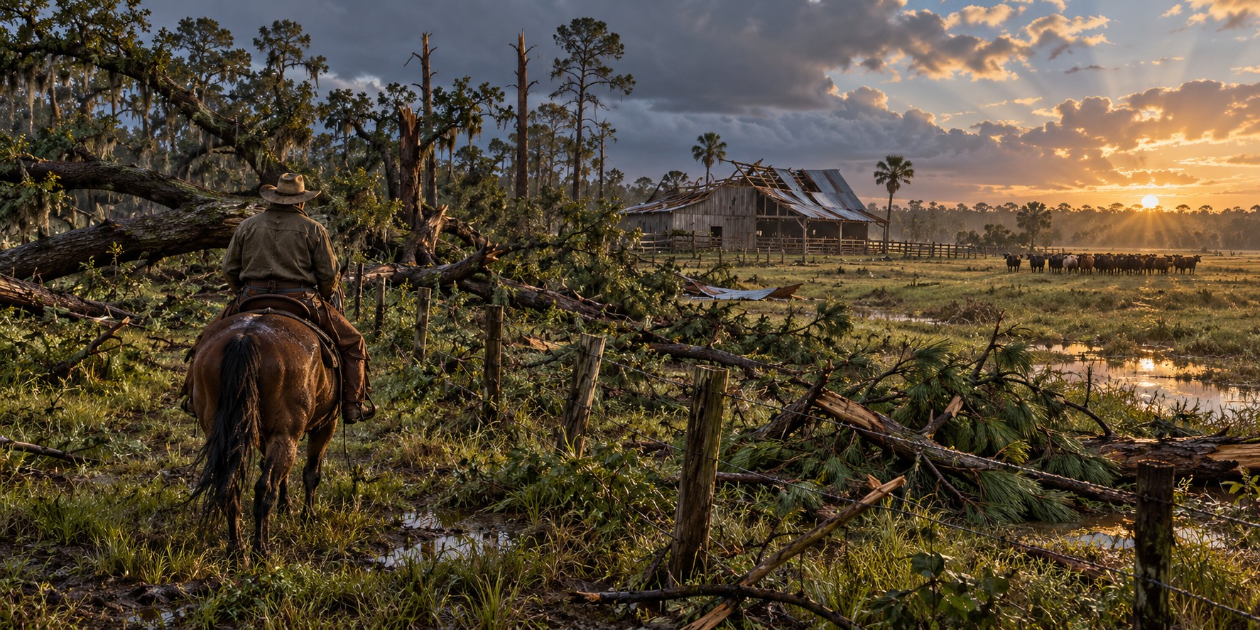 A rider on horseback beside a long wire fence across pasture, with fallen oaks and a toppled barn roof, clearing storm sky behind.