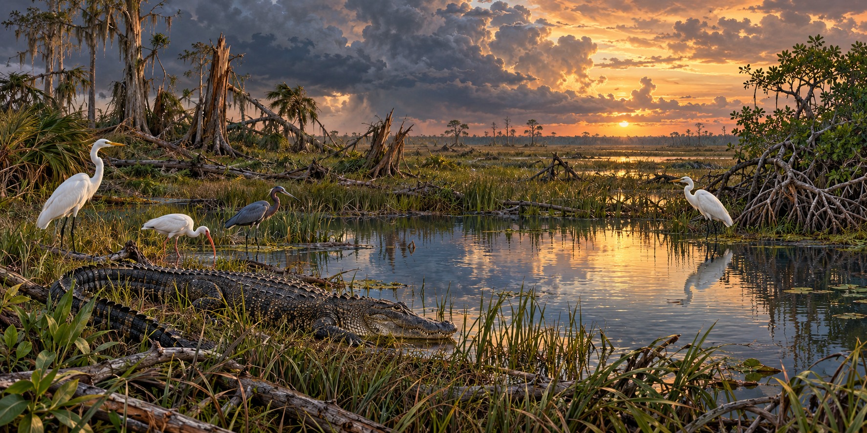 An alligator and wading birds beside an Everglades pool surrounded by storm-damaged trees.
