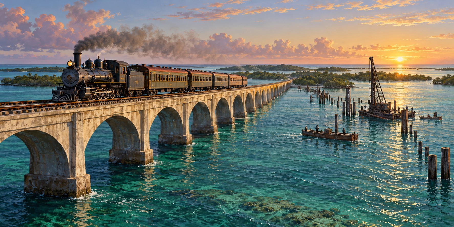 A steam locomotive and cars crossing a long arched concrete viaduct over green-blue water among low Keys islands at sunrise.