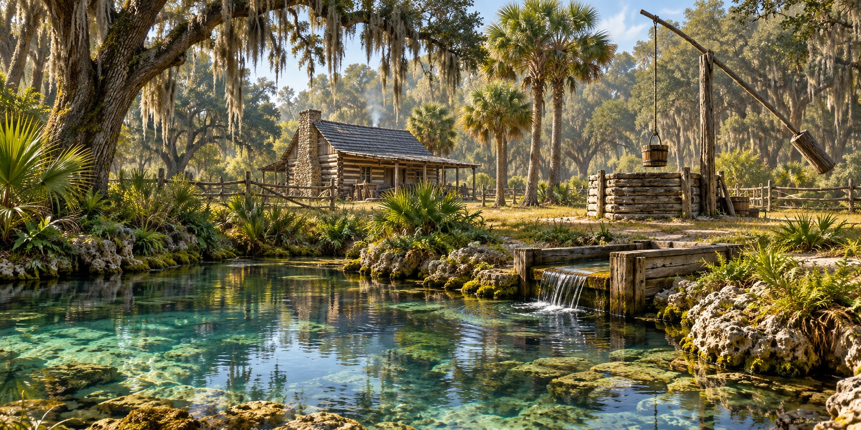 A wooden spring box beside a clear spring and a bucket well with a counterweighted sweep at a wooded Florida homestead.