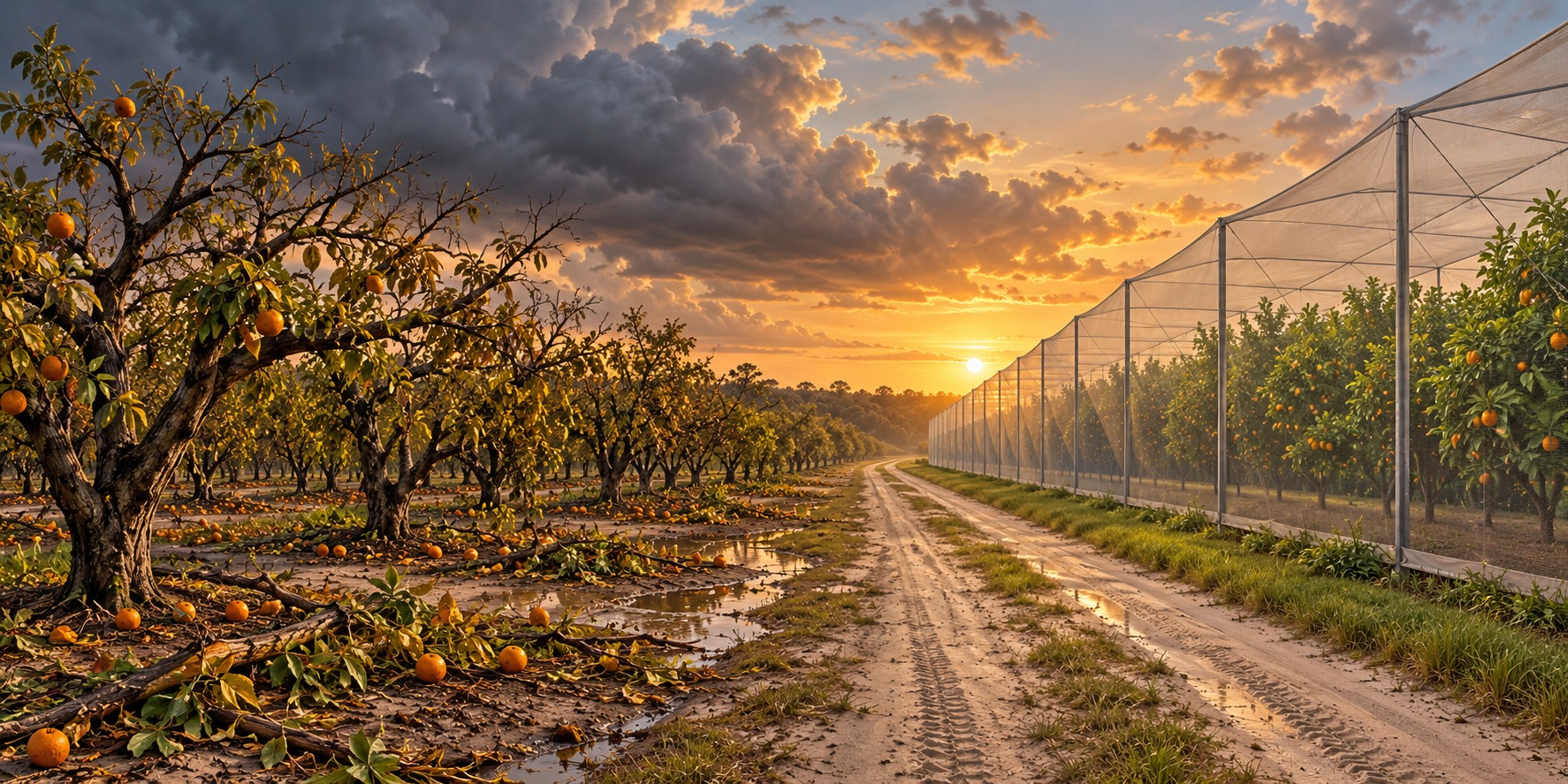 Rows of leaning, fruitless citrus trees at left and a large white mesh-covered grove structure at right under a breaking storm sky.