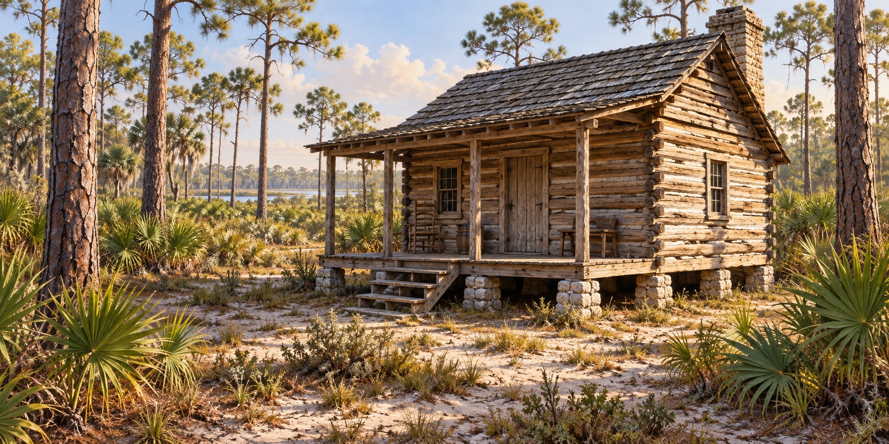 A log cabin with porch and steps stands on low stone piers above sandy ground among pines and palmettos.