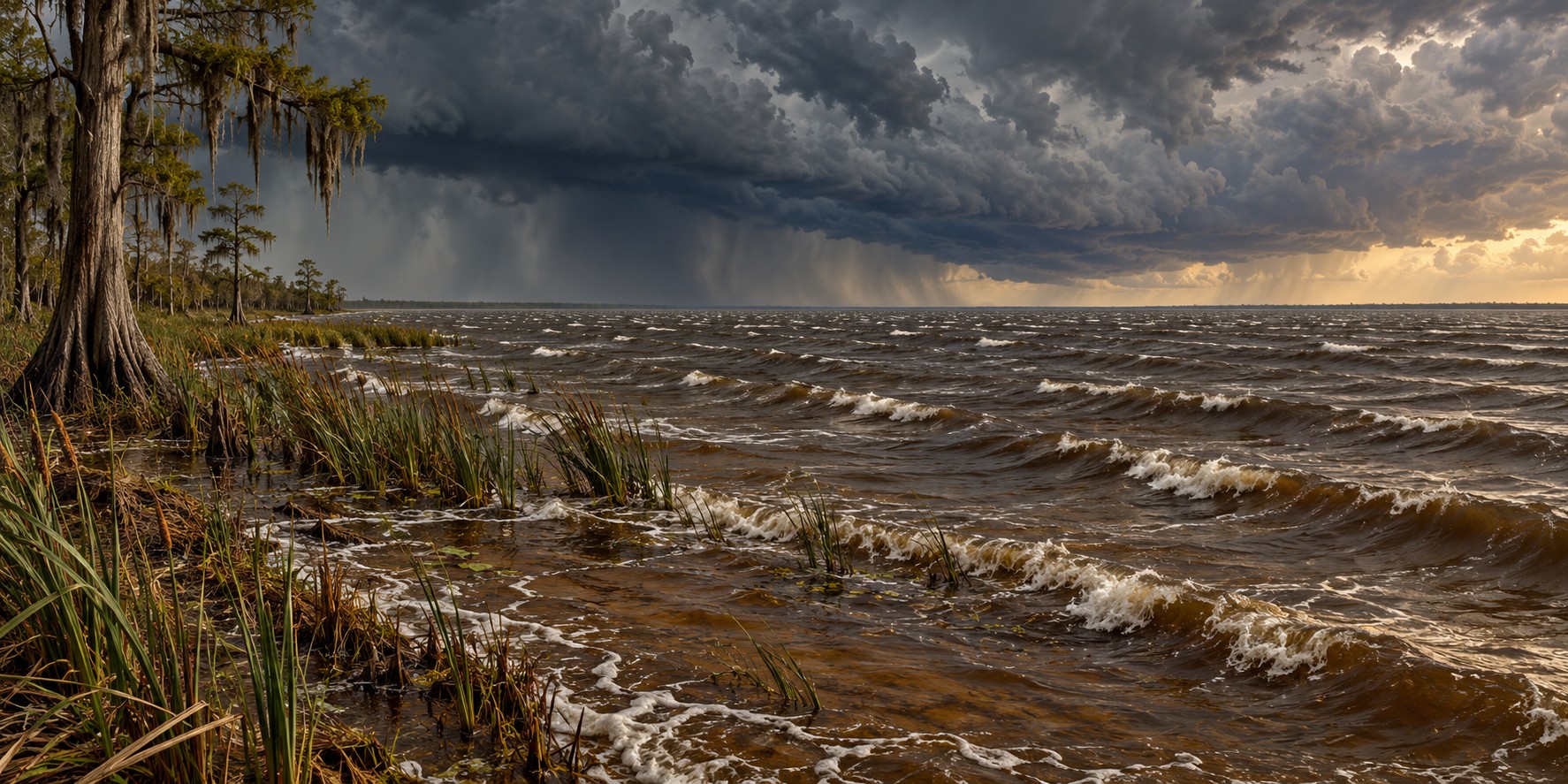 A vast shallow lake with whitecaps driven toward a low marshy shore under a dark storm sky, with a thin line of levee on the horizon.