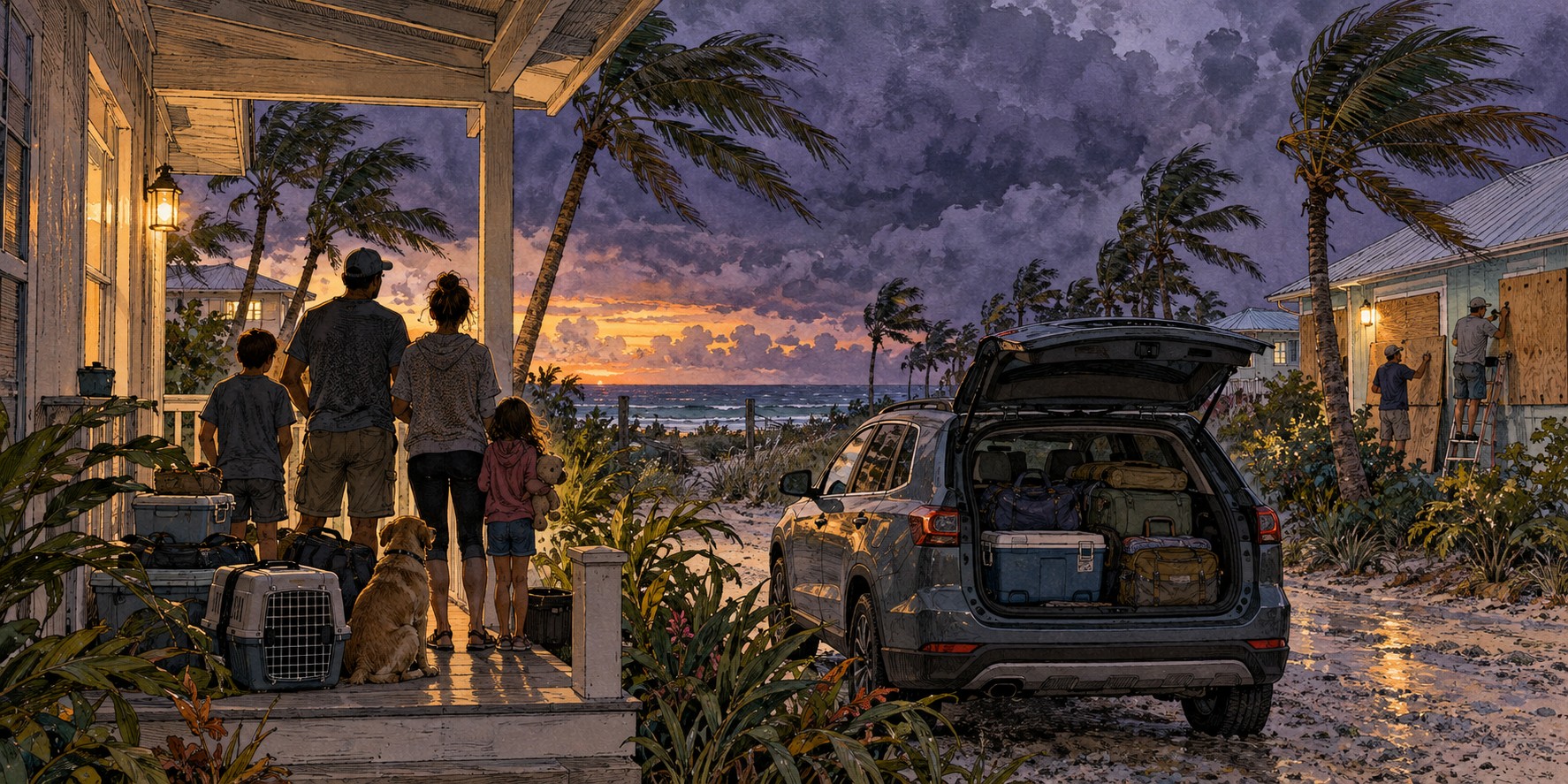 A family at the open door of a small Florida home, a pet carrier on the porch and a loaded car in the driveway, storm clouds approaching.