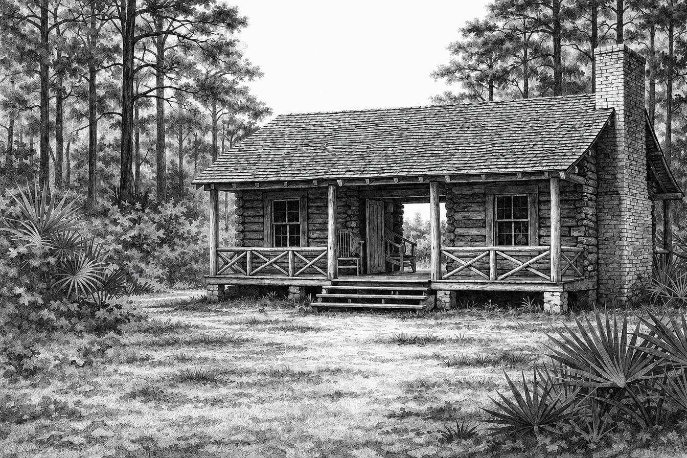 A dogtrot cabin on the Florida frontier, showing log construction, open breezeway with rocking chairs, hand-split shingle roof, and surrounding longleaf pines and saw palmetto.