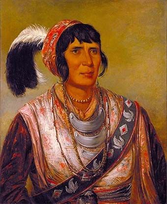 A painted portrait of Osceola in Seminole attire, with turban, plumes, sash, and gorgets.