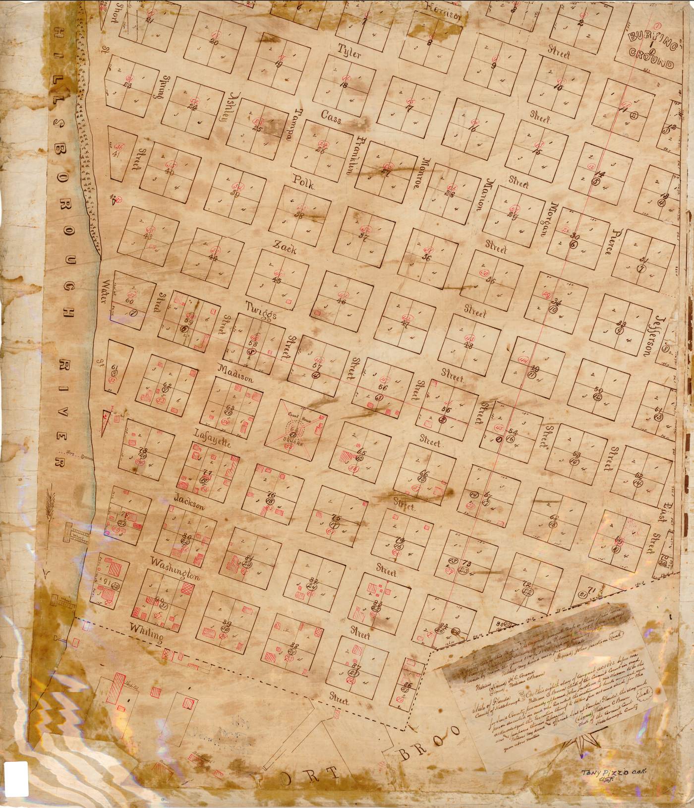 John Jackson's early Tampa plat showing numbered lots, streets and buildings along the Hillsborough River.