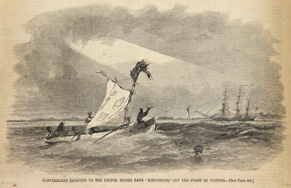 Civil War engraving of Black freedom seekers in a small boat approaching the United States bark Kingfisher off Florida