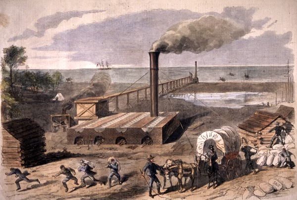 Civil War illustration of Union sailors destroying a salt factory on the Florida coast while wagons move supplies and a ship waits offshore