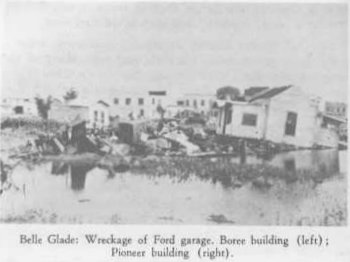 Floodwater, damaged buildings and debris in Belle Glade following the 1928 Okeechobee Hurricane