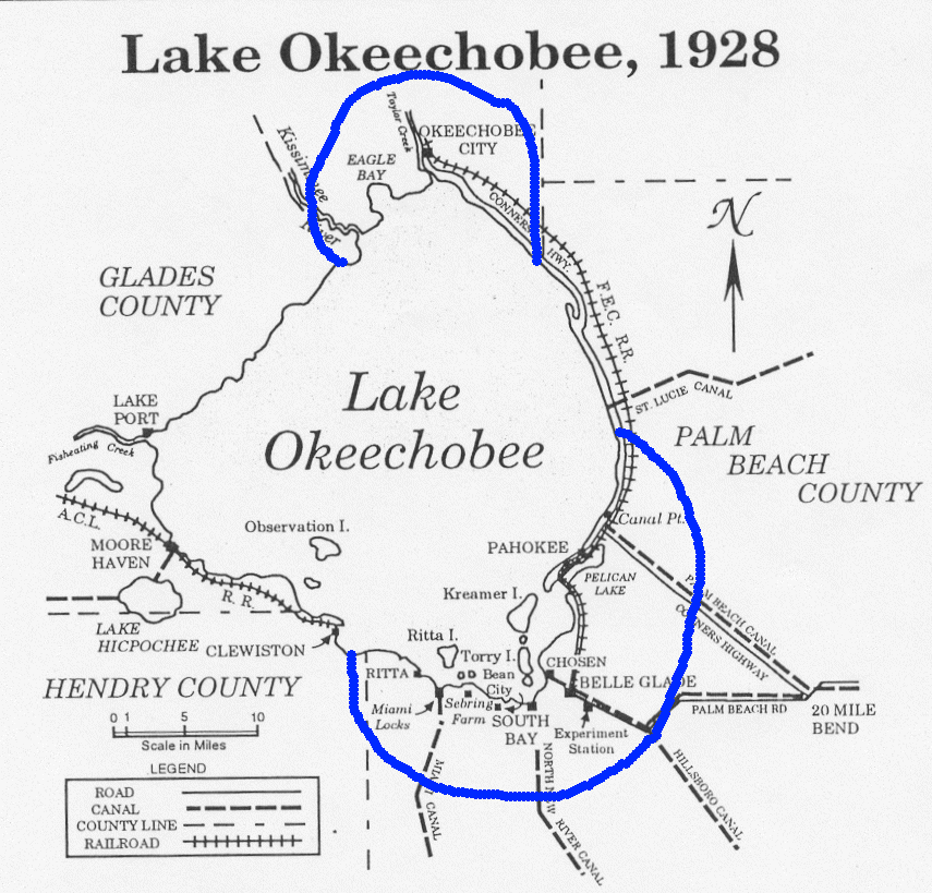 Historical map of Lake Okeechobee showing the communities and approximate areas flooded in the 1928 hurricane