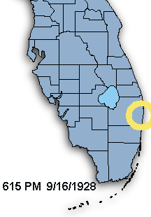 Florida map marking the Okeechobee Hurricane landfall in Palm Beach County at 6:15 p.m. on September 16, 1928
