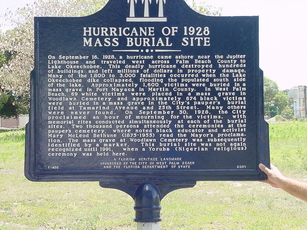 Florida historical marker identifying the West Palm Beach mass burial site for victims of the 1928 Okeechobee Hurricane